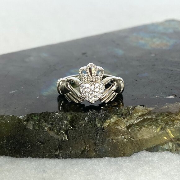 Milor Sterling Silver 925 Italy Pave Cubic Zirconia Heart Claddagh Band Ring - Picture 2 of 15